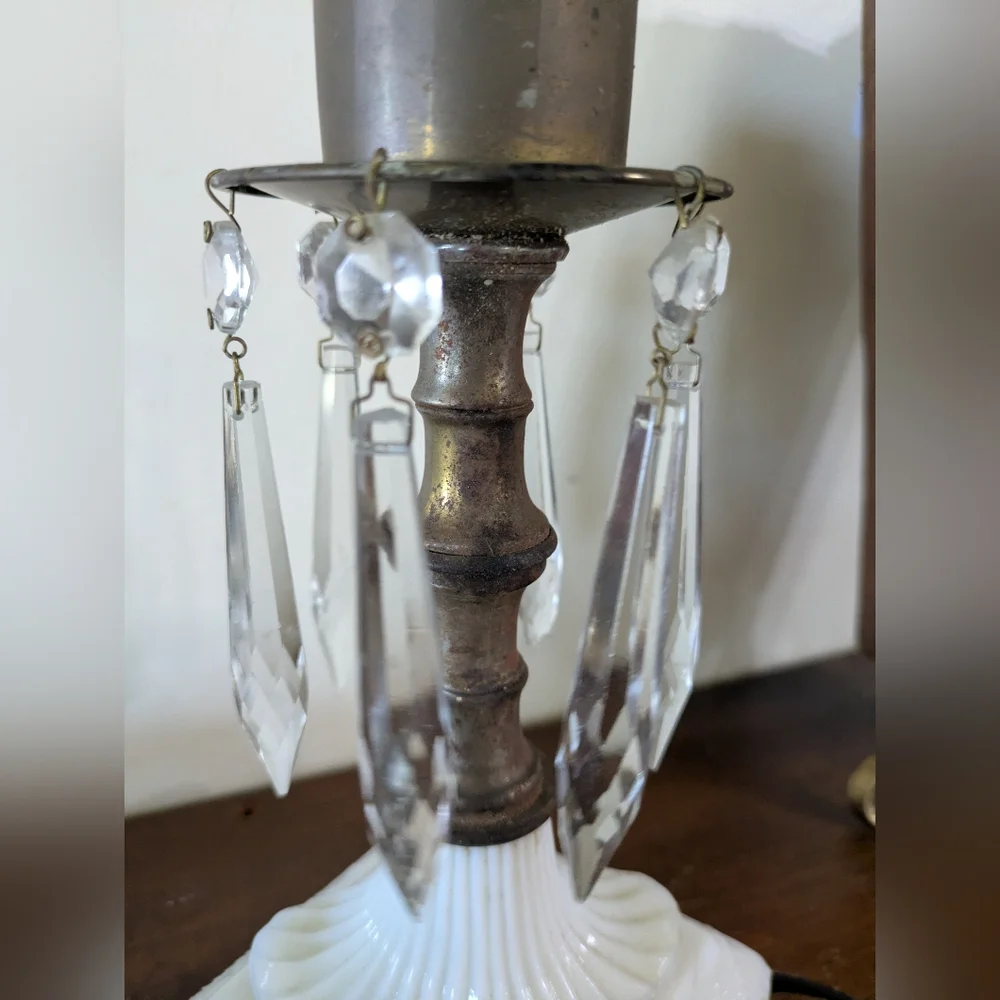 Vintage Hollywood Regency Milk Glass & Brass Prism Lamp - Antique Style ROF